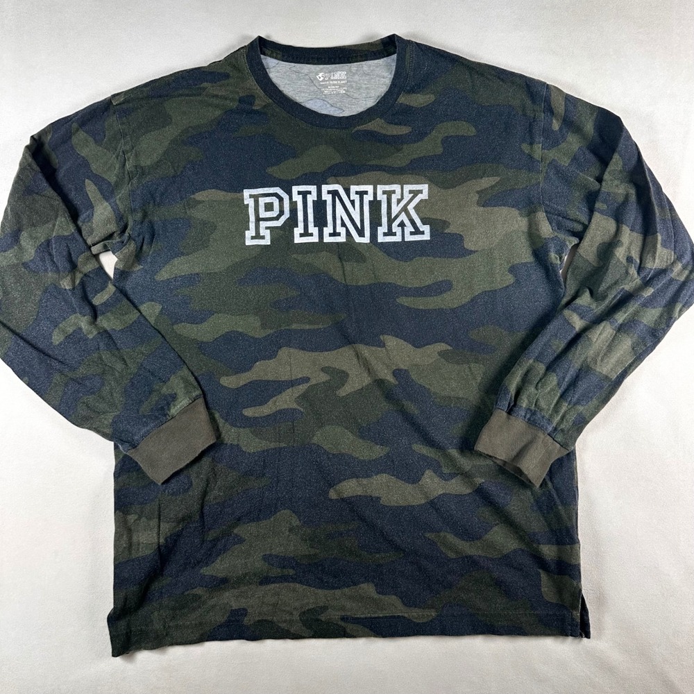 Victoria's Secret PINK Camo Long Sleeve Shirt Womens Green Collegiate Logo